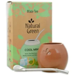 Mate Set Natural Green COOL MINT - KERAMIK (COOL MINT 500g + Mate Becher Pardo + Bombilla Cuchara)