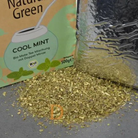 Mate Set Natural Green COOL MINT - EDELSTAHL WEIß (COOL MINT 500g + Mate Becher weiß + Bombila Hexagonal 17cm)