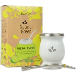 Mate Set Natural Green FRESH LEMON - EDELSTAHL WEIß (FRESH LEMON 500g + Mate Becher weiß + Bombila Hexagonal 17cm)