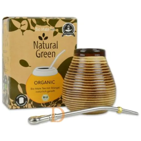 Mate Set Natural Green ORGANIC - RUSTICO BRAUN (ORGANIC 500g + Mate Becher Rustico braun+ Bombilla Pampa 19cm)