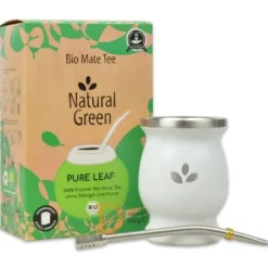 Mate Set Natural Green PURE LEAF - EDELSTAHL WEIß (PURE LEAF 500g + Mate Becher weiß + Bombila Hexagonal 17cm)